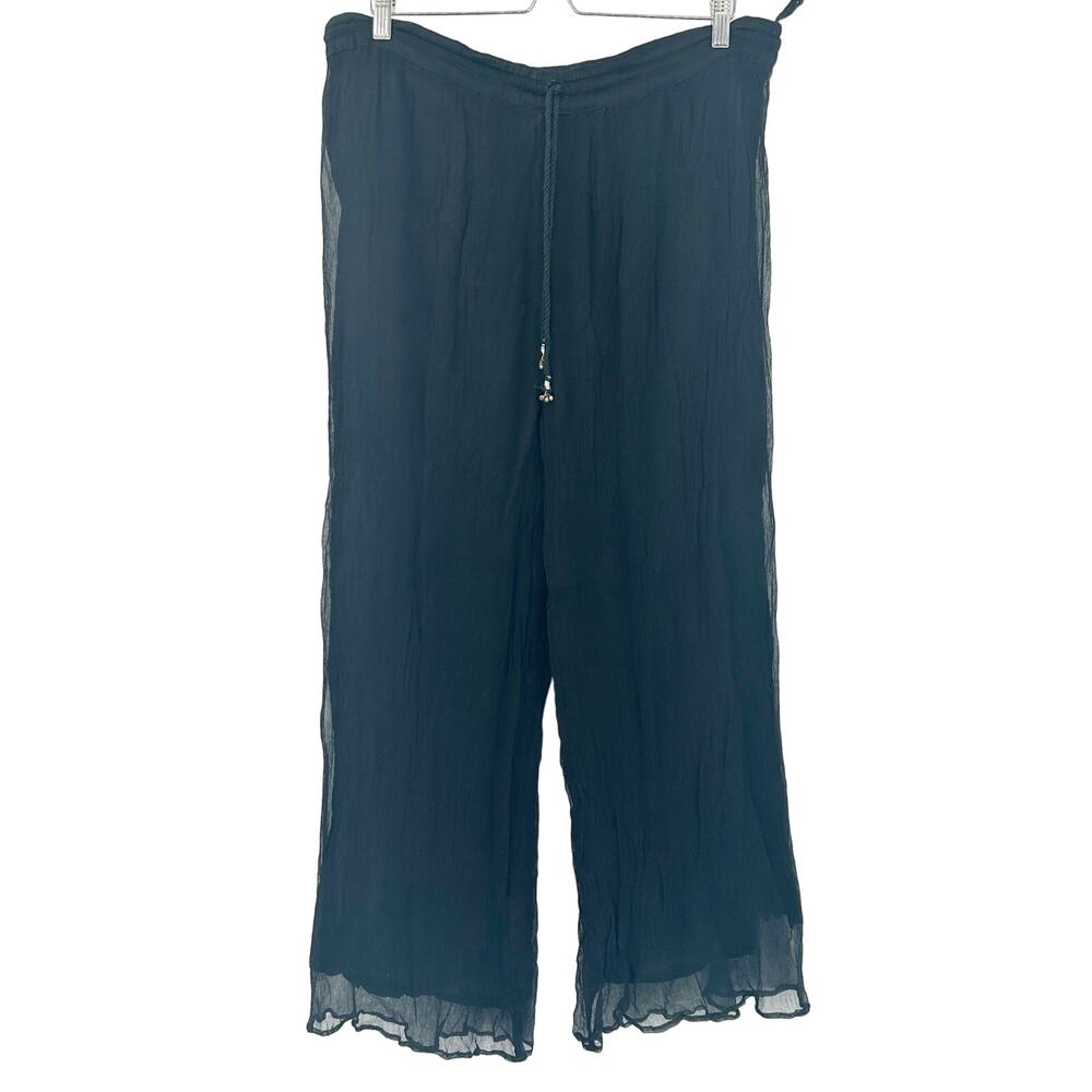 Papillon Womens Casual Lounge Boho Dark Pull On Wide Leg Pants Size L Black